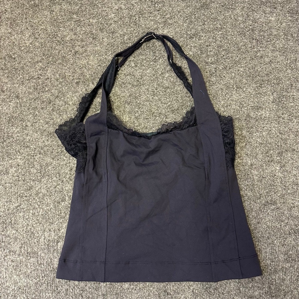 Free People Halter Top Womens Size M Navy Blue Lace Trim Slim Fit Camisole Tank
